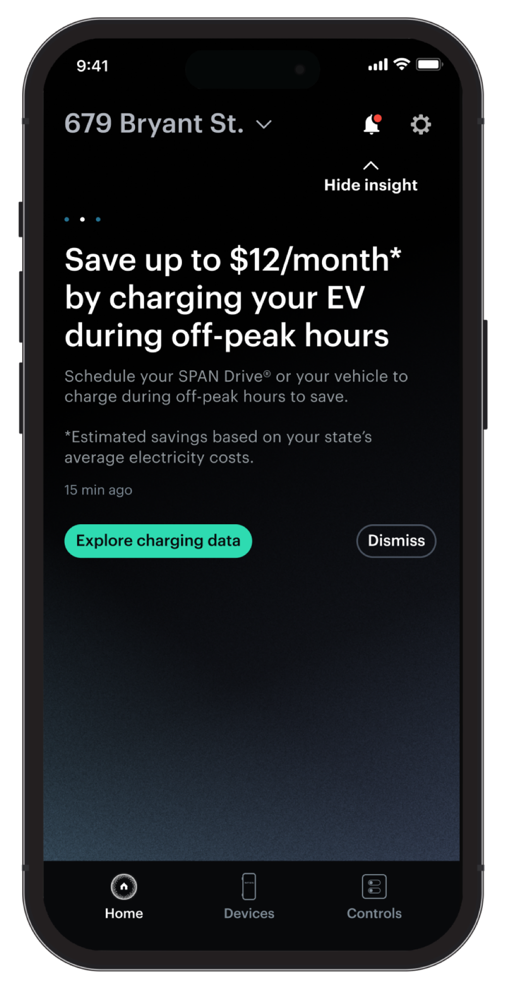 SPAN app showing circuit-level energy monitoring and off-peak EV charging savings